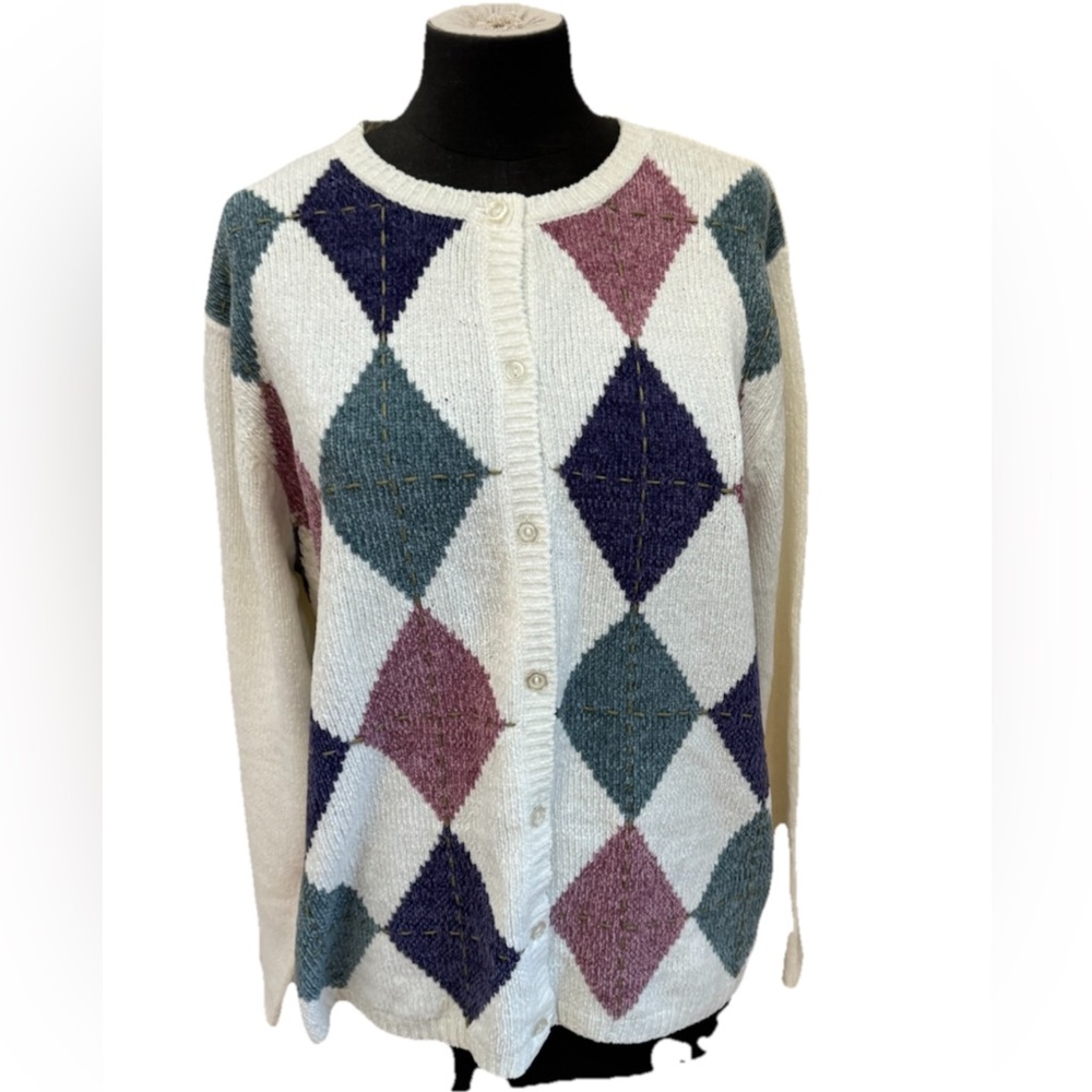 Alfred Dunner Vintage Crushed Velvet Argyle White,‎ Green And Pink Sweater, XL